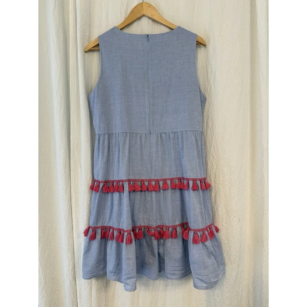 Eliza J Dress Size 14 Blue Chambray Pink Tassels Sleeveless Tiered Dress Preppy - Picture 6 of 9